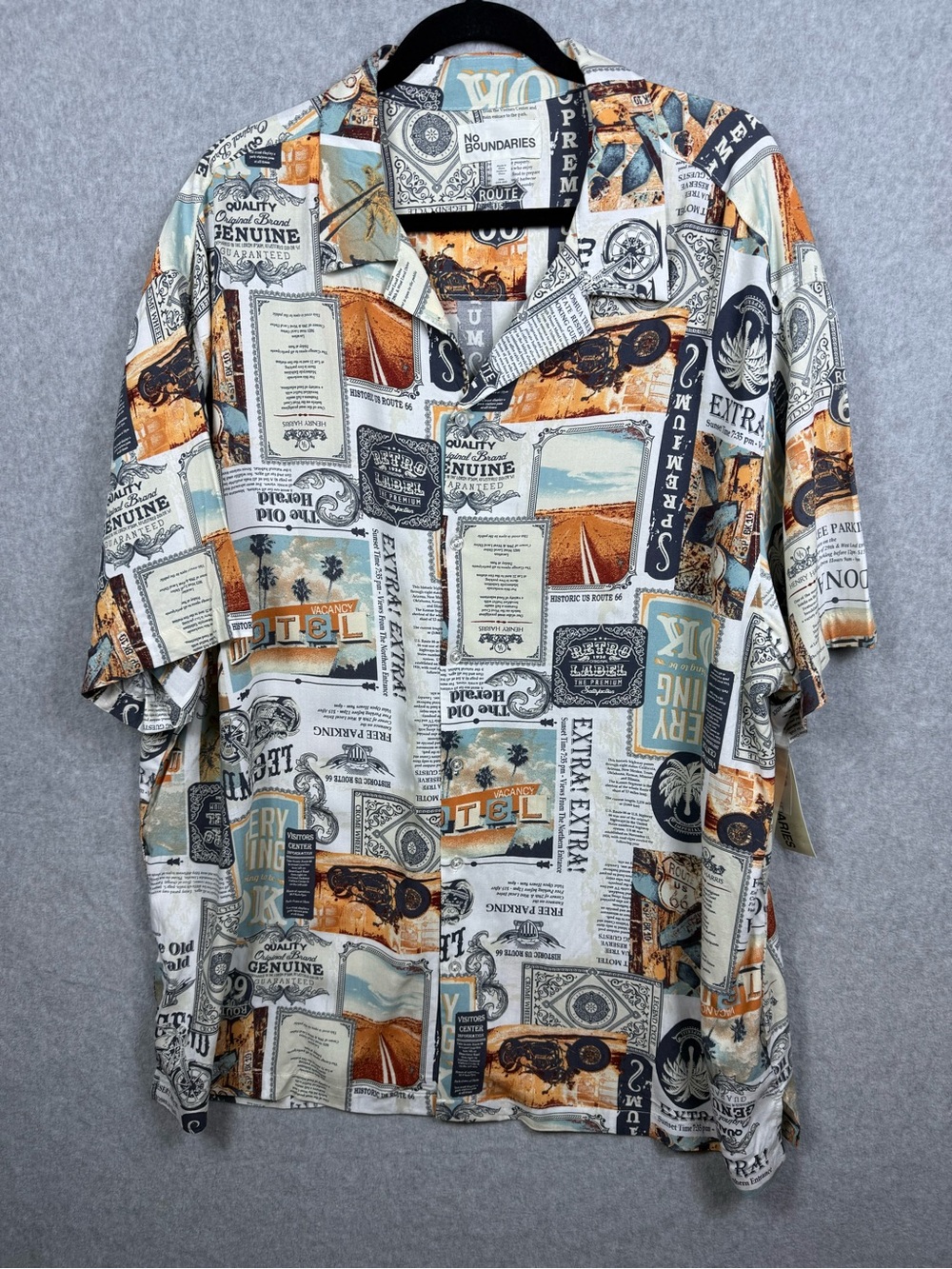 No Boundaries Route 66 Motorcycle Print Rayon Camp Shirt NWT 3XL Dadcore Vaca